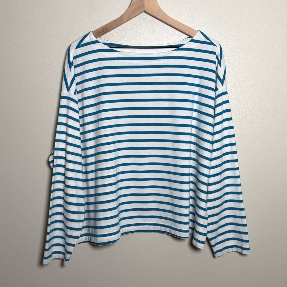 Old Navy Womens 2X Teal White Striped Long Sleeve Boat Neck Cotton T-Shirt Boxy
